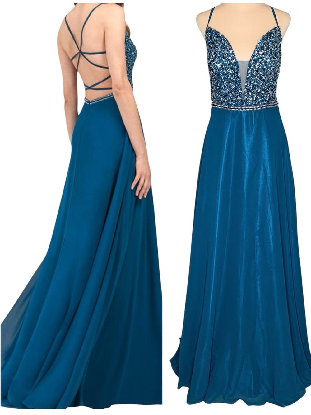 Val Stefani Prom Dress 10 Peacock Beaded Strappy Back Chiffon As Is Flawed READ